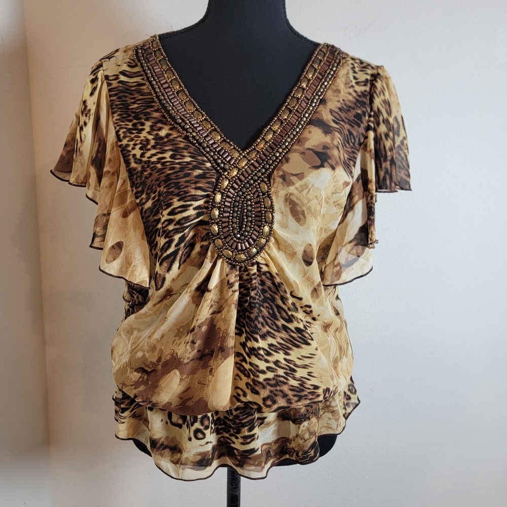 Papaya Womens Medium Y2K Leopard Print Beaded Halter Top Ruffle Chiffon Blouse